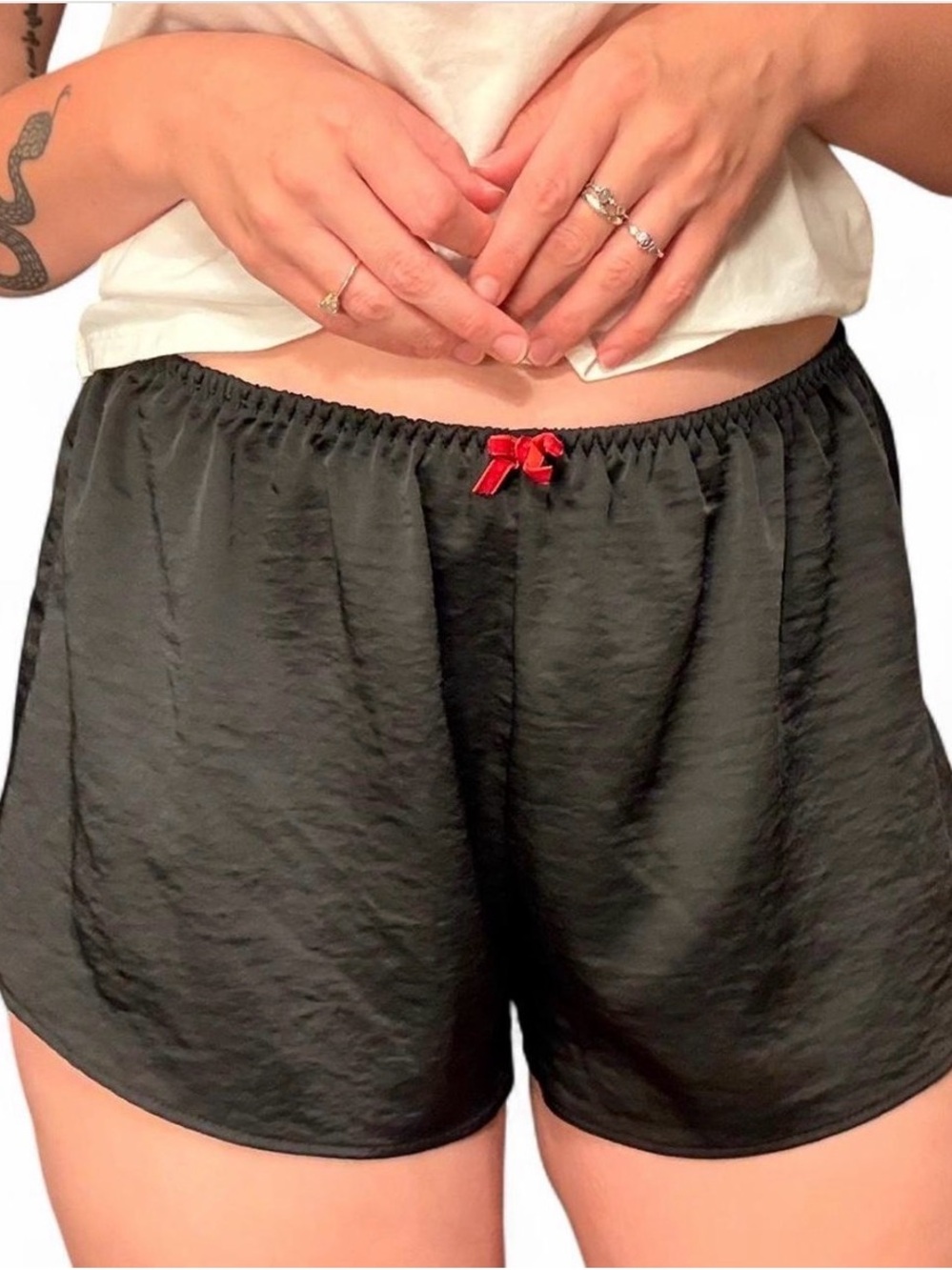 Black Satin Shorts with Red Bow